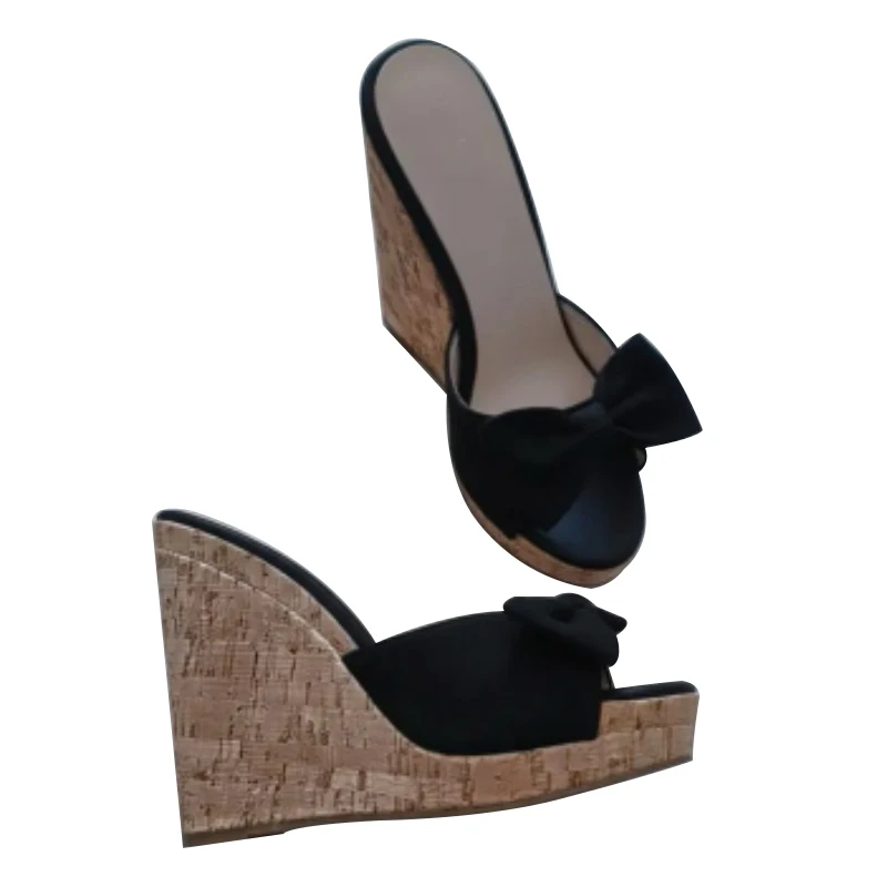 

DIZHUANG Fashionable women's high-heeled slippers Black suede slippers About 12cm heel height Bow slippers Summer women's shoes