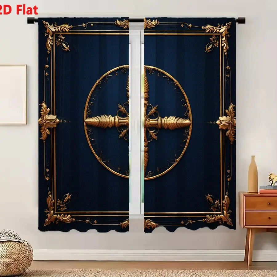 2Pcs Curtains 2D Flat Golden Cross In Circular Frame With Baroque Border On Navy Blue Background Window Drapes for Bedroom Room