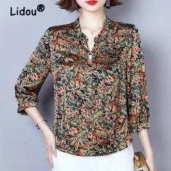 Women Vintage Floral Print Beaded Elegant Blouses Spring Summer Korean Fashion V Neck 3/4 Sleeve Shirts Ladies Loose Tops Blusas