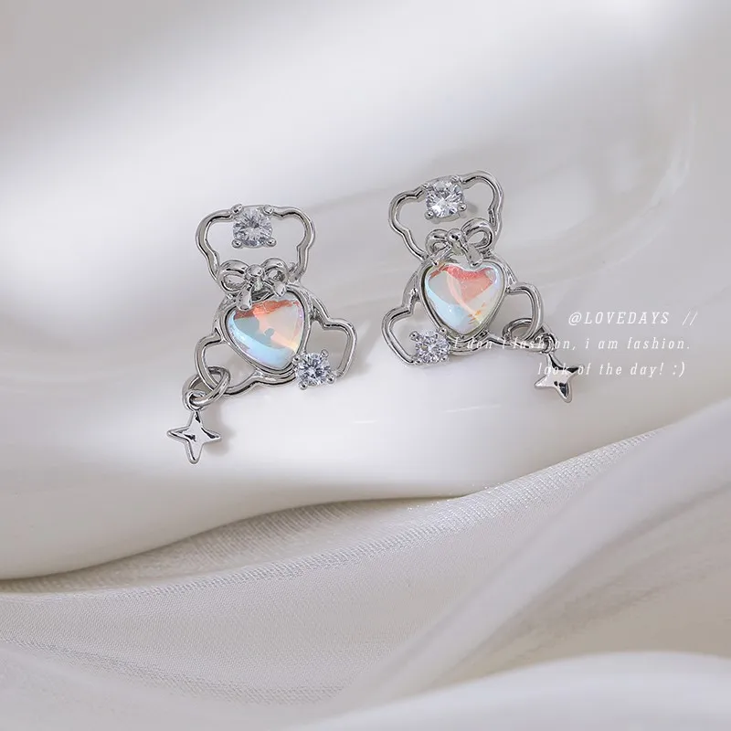 Colorful Zircon Hollow Bear Stud Earrings Sweet Cute Unique Personality Little Bear Earring For Women Daily Party Use Premium