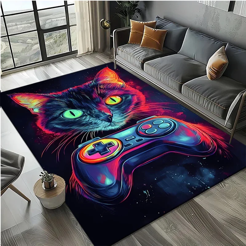 Flannel Printed Neon Cat Gamer Rug Colorful Controller Design Soft Fleece Floor Mat Living Room Carpet Gaming Decor Cyberpunk