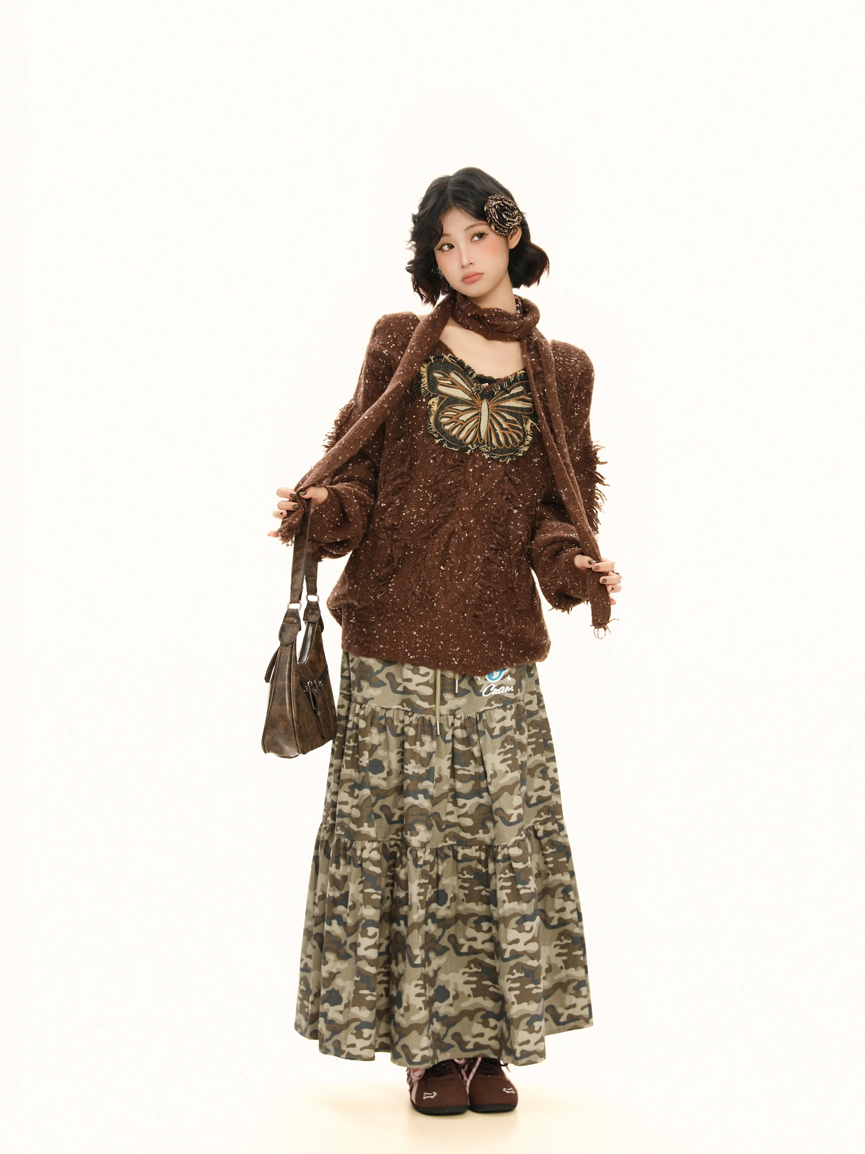 2025 خريف شتاء جديد الأمريكية الرجعية فراشة التصحيح التطريز سترة برقبة على شكل v المرأة فضفاضة عادية البني محبوك سترة #6