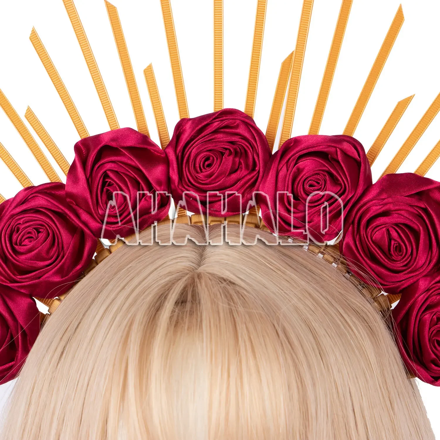 Hot Ins Red Rose Flower Spiked Halo Crown Headband Sun Goddess Headpiece Photo Shoot Hair Wreath Festival Headdress for Women