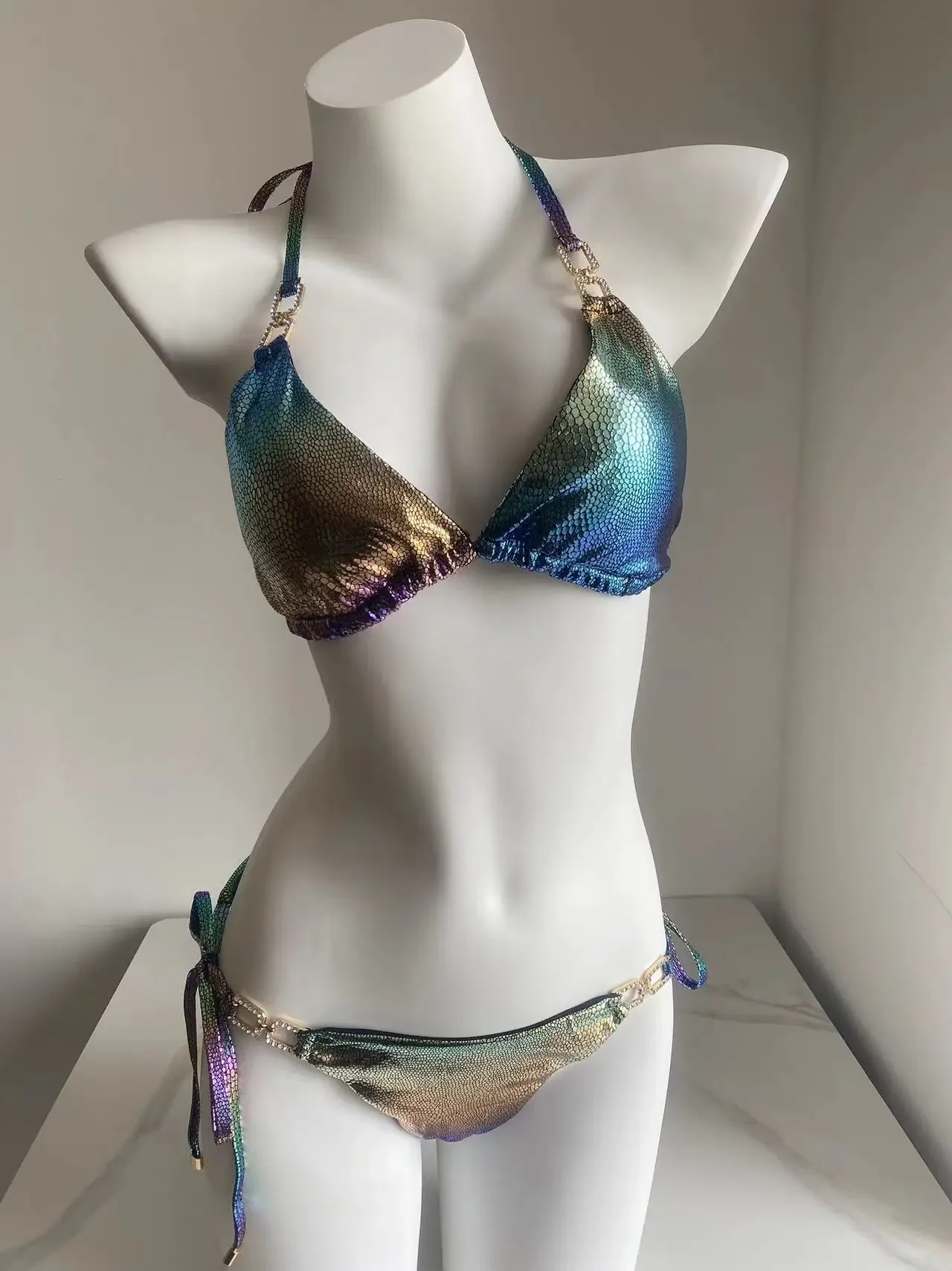 Diamond Gradient Split Swimsuit Women Sexy Snake Pattern Gilded Bikini Triangle Cup Holographic Swimwear Summer Beachwear