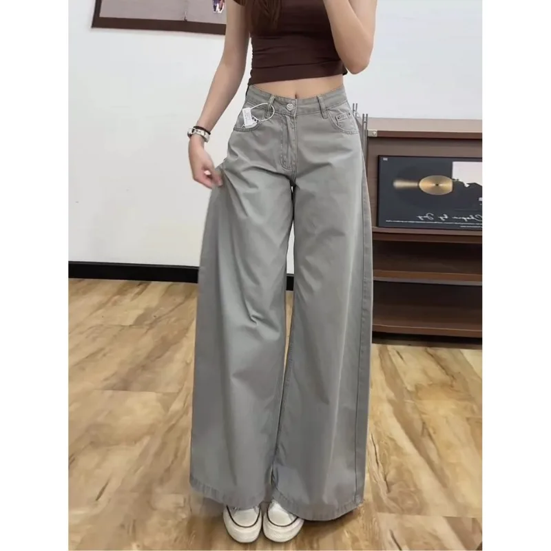 American Retro Gray Denim Jeans Women Autumn New High Waist Loose Straight Wide Leg Trousers Casual Versatile Long Pants