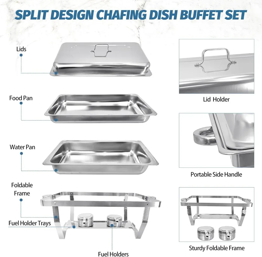 2 Pack Stainless Steel Chafing Dishes 8 Quart Full Size Chafing Dish Buffet Set Silver Rectangular Catering Chafer Warmer