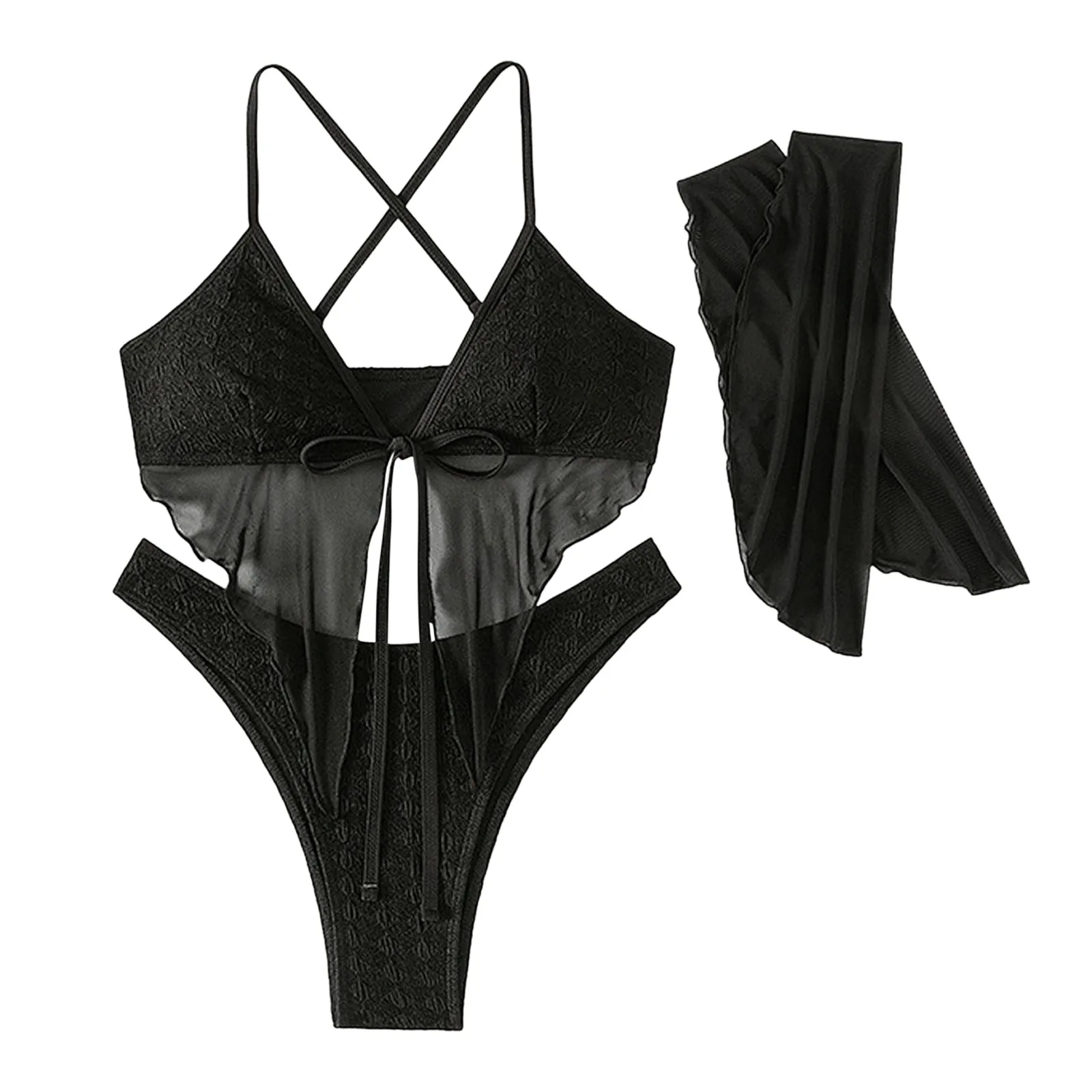 Women\'S Mesh Three Piece Swimsuit Bahting Suit Women\'S Solid Color Lace Up Sexy Beach Bikini Swimsuit Beach Swimming Beachwear