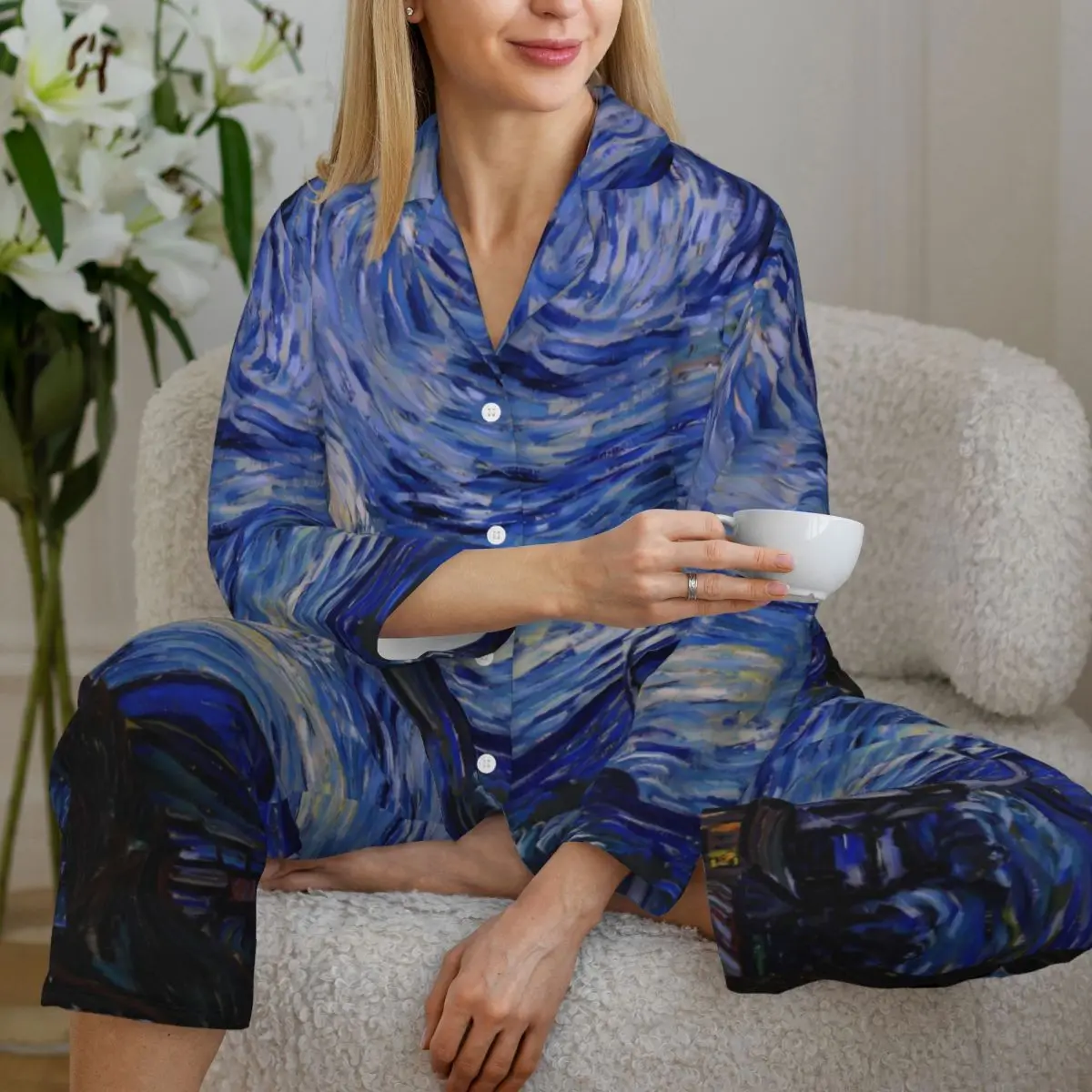 Pajamas Female Vincent Van Gogh Daily Sleepwear The Starry Night 2 Pieces Casual Pajama Sets Long Sleeves Oversize Home Suit