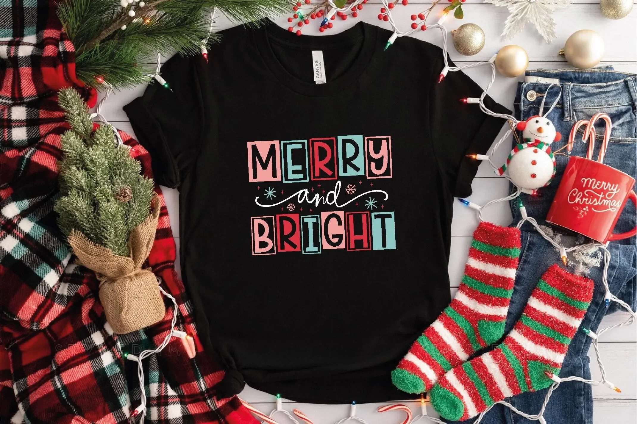Merry and BrighT T Shirt Christmas Lights for Family