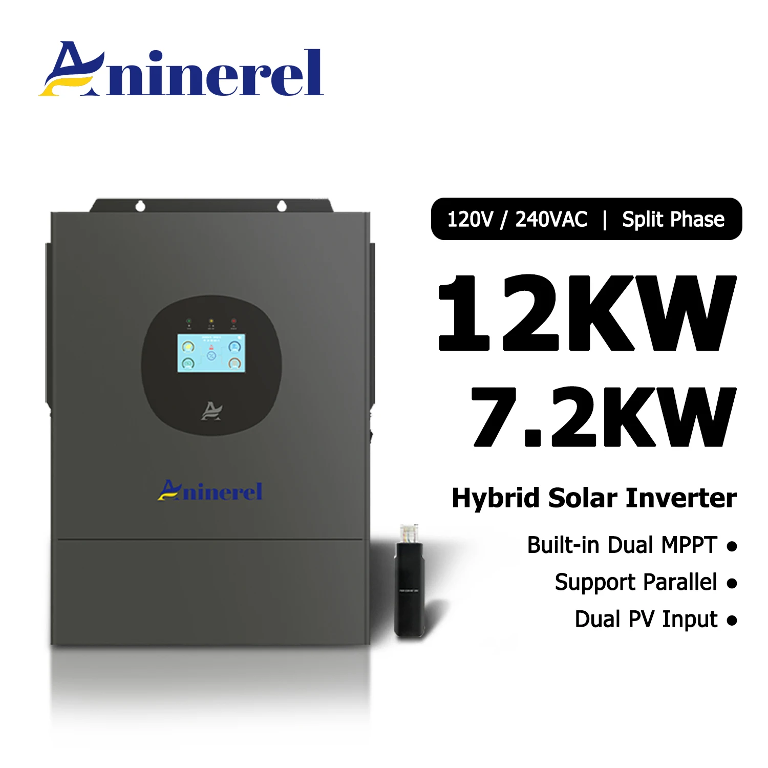 Aninerel NEW 7.2KW 12KW Split Phase 120V/240VAC Hybrid Solar Inverter Built-in Dual MPPT Dual PV Input Parallel Home Inverter