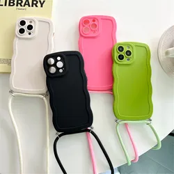 Crossbody Lanyard Cord Wave Edge Phone Case For iPhone 15 14 12 13 11 Pro Max X XR XS 7 8 Plus Soft Shockproof Silicone Cover