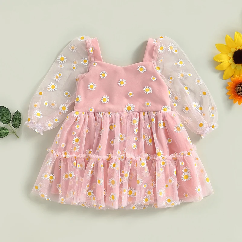 Baby Girl Princess Dress Elegant Daisy Print Square Collar Zipper Long Sleeve Mesh Tulle A-Line Party Dress Toddler Dresses