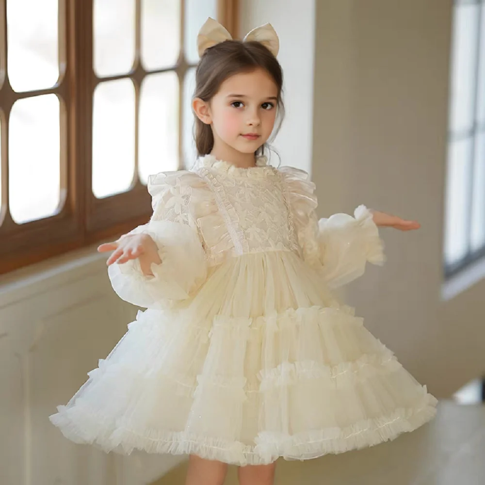 Mädchenkleid Frühling und Herbst Neue Mode Kinder-Netzkleid mit Puffärmeln Prinzessinnenkleid Kleines Mädchen Geburtstagskleid