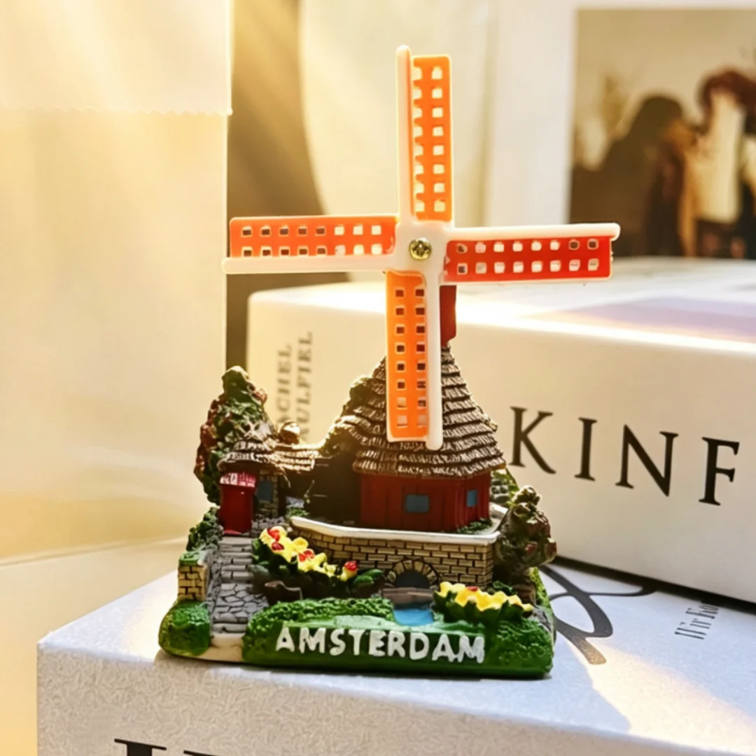 Windmill House Turnable Holland Resin Handicraft Ornament Desktop Indoor Buildings Home Decoration Souvenirs Collection Gift