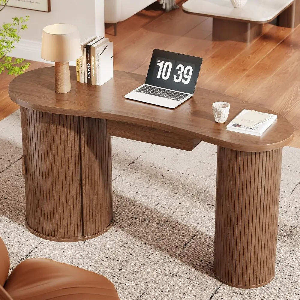 59 Inches Fluted Office Desk with Storge, BeanShaped Computer Desk with Drawer, MidCentury Modern Curved Corner Desk with Slidin