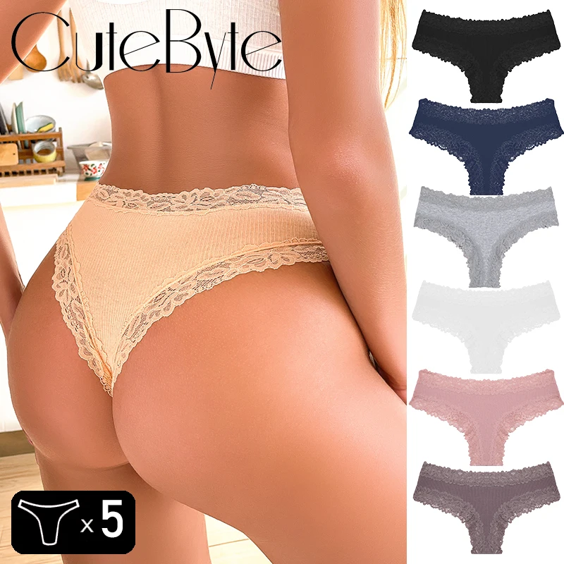 5Pcs frauen Baumwolle Höschen Spitze Sexy Brasilianische Hosen Floral Spitze Unterwäsche Trendy Patchwork Briefs Weibliche Weiche Unterhose M-XL