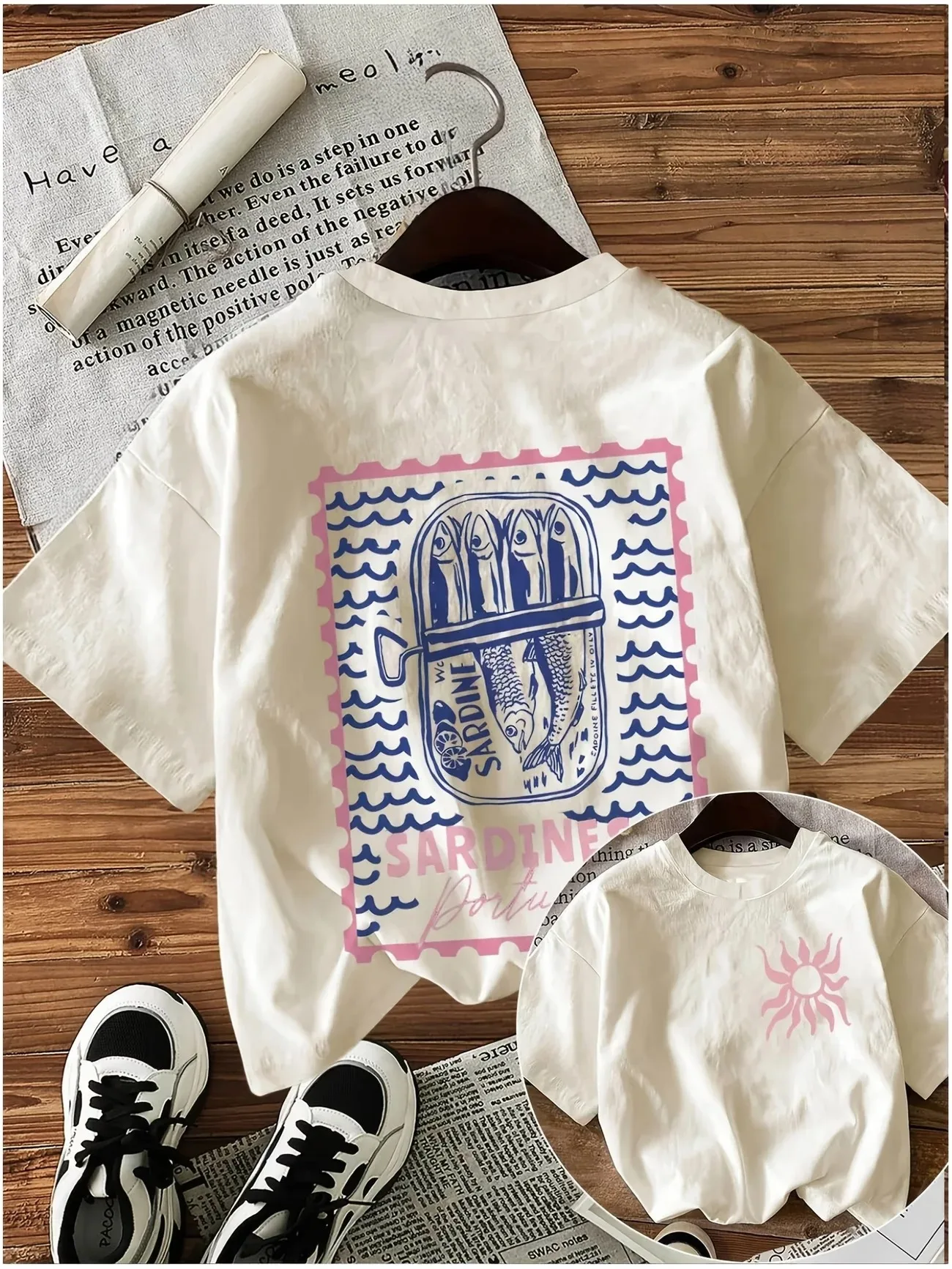 Sardine graphic tee, retro t-shirt for food lovers, canned fish print t-shirt, coastal summer tee, aesthetic fisherman t-shirt