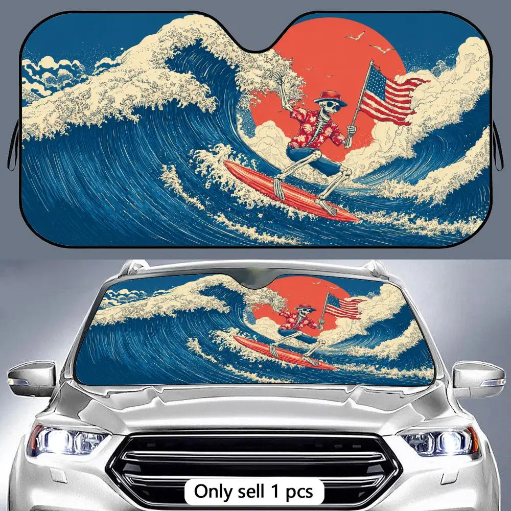 

Patriotic Skeleton Sun Visor Aluminum Foil Windshield Sunshade with Reflective UV Block Heat Insulation Foldable Universal Fit