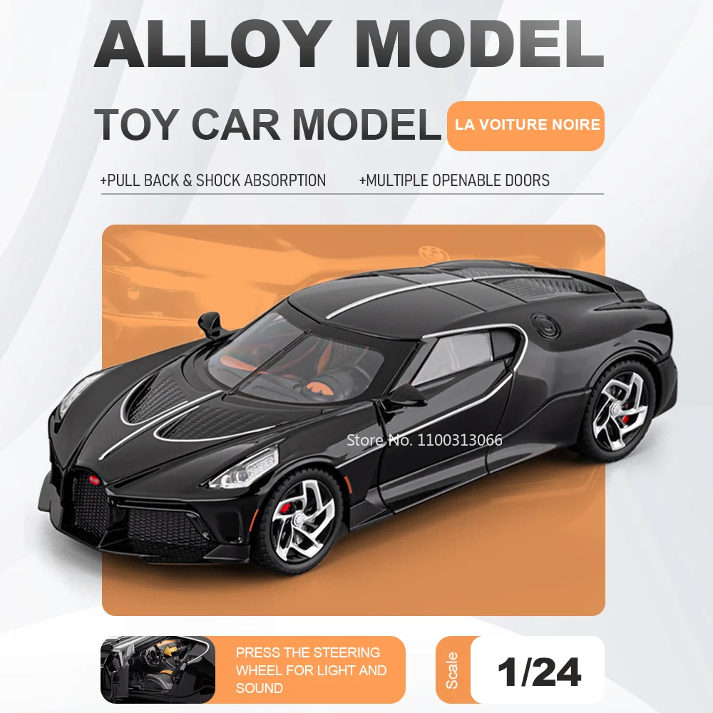 

1:24 La Voiture Noire Atlantic Alloy Car Diecast Model Miniature Toy Doors Opened Sound Light Shock Absorption Gift for Friends
