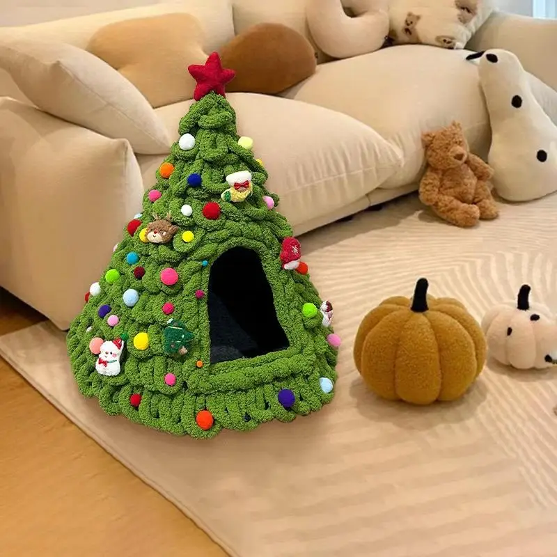 Winter Christmas Tree Cat Nest Handmade Diy Material Winter Warm Semi-enclosed Dog House Felt Cone Pet House