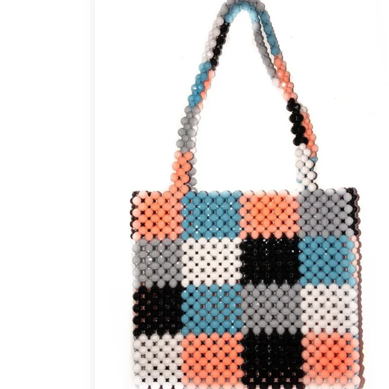 

Colorful Square Summer Fashionable Women's Bags Ins Niche Brand Design Handmade Bead Ladies Shoulder Bag Customizable Totebag