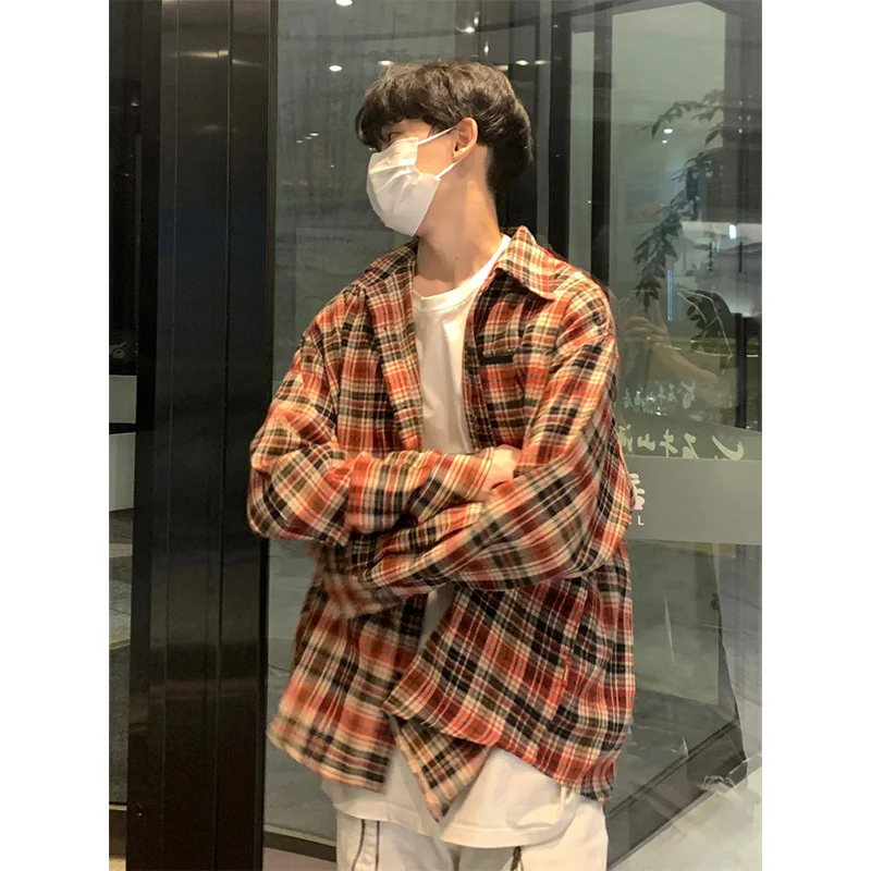 Autumn Long Sleeved Shirt Men Oversized Retro Plaid Shirt Men Streetwear Korean Loose Casual Shirt Mens Vintage Shirts M-3XL