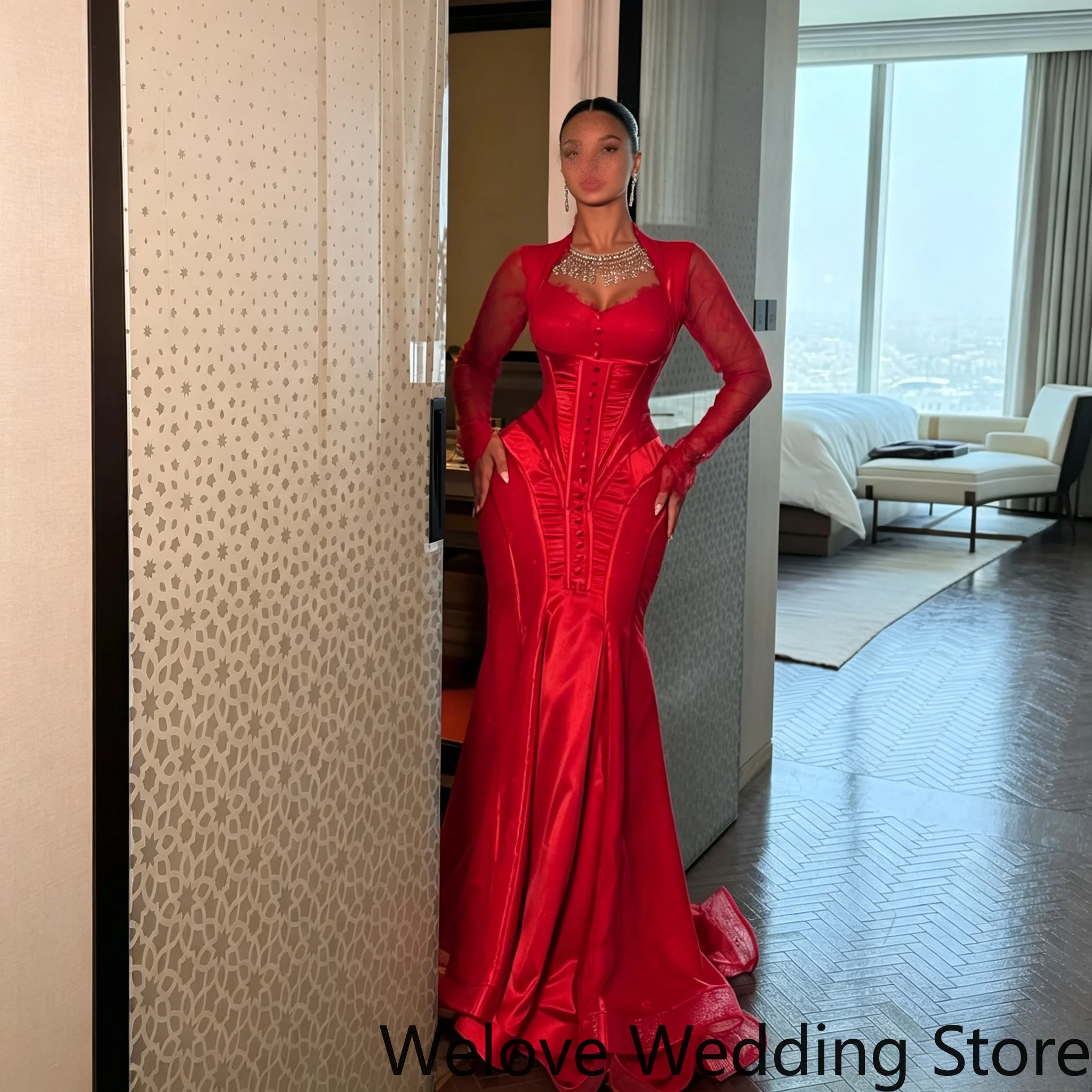Mermaid Prom Dress Sheer Mesh Heart Cutout At Chest Long Fitted Sleeves Boned Corset Bodice With Vertical Pleats Fitted Bodycon