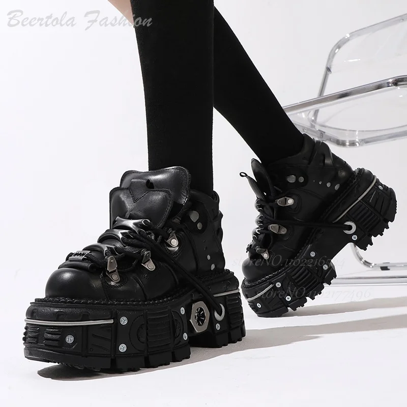 Silver Metal Nut Buckle Platform Sneakers Women Cross Lace Casual Raised Sole Boots British Style Sport Pump Spring Derby Shoes