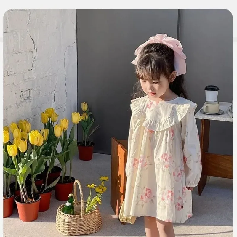 

Girls' Dress Autumn 2024 New Baby Girl Doll Neck Fragmented Flower Dress Korean Edition Little Girl Long sleeved Princess Dress