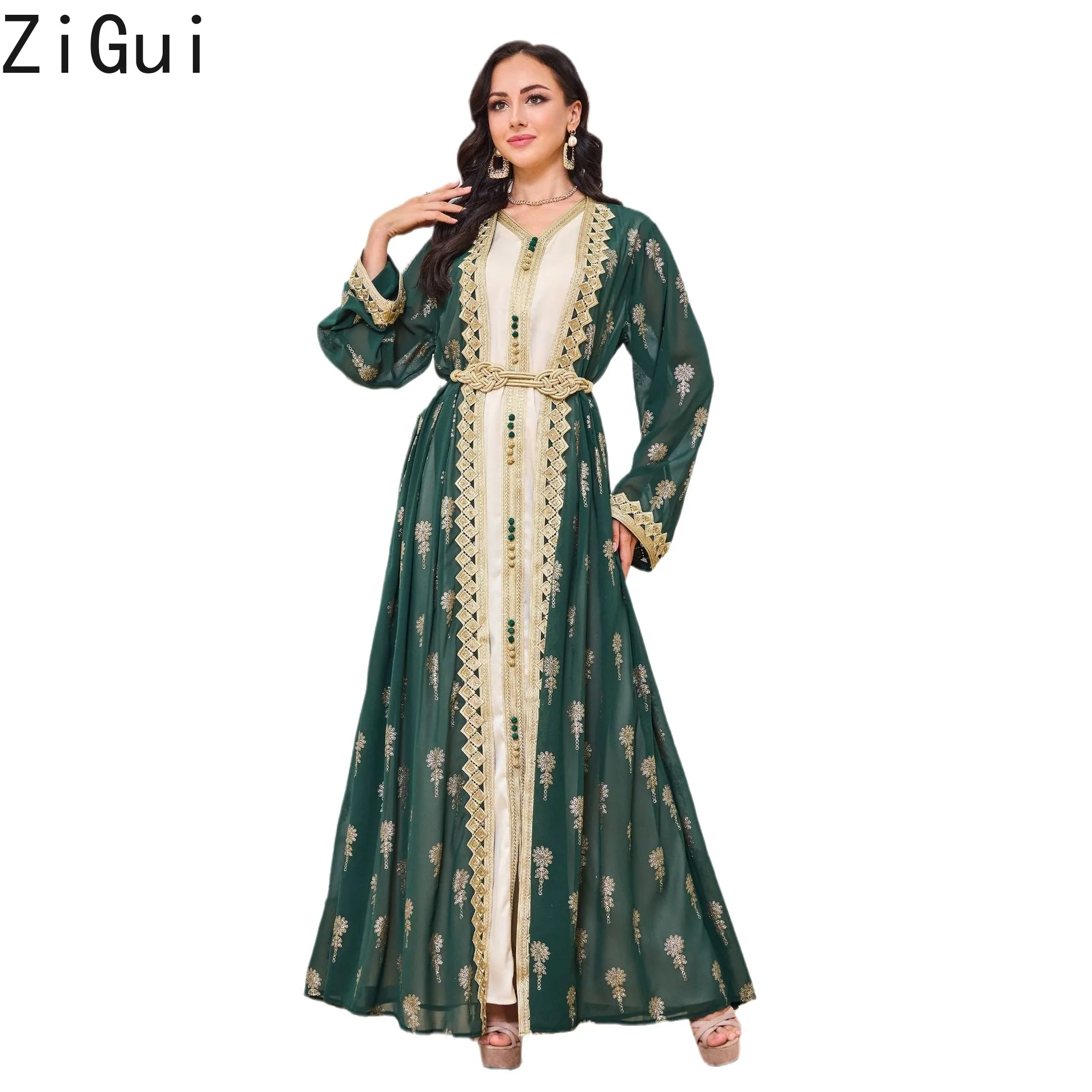 

Zigui Kaftan Dresses Womens Evening Party Arab Italy Floral Embroidered 2 Piece Set Muslim Fashion Green Chiffon Dubai Dress