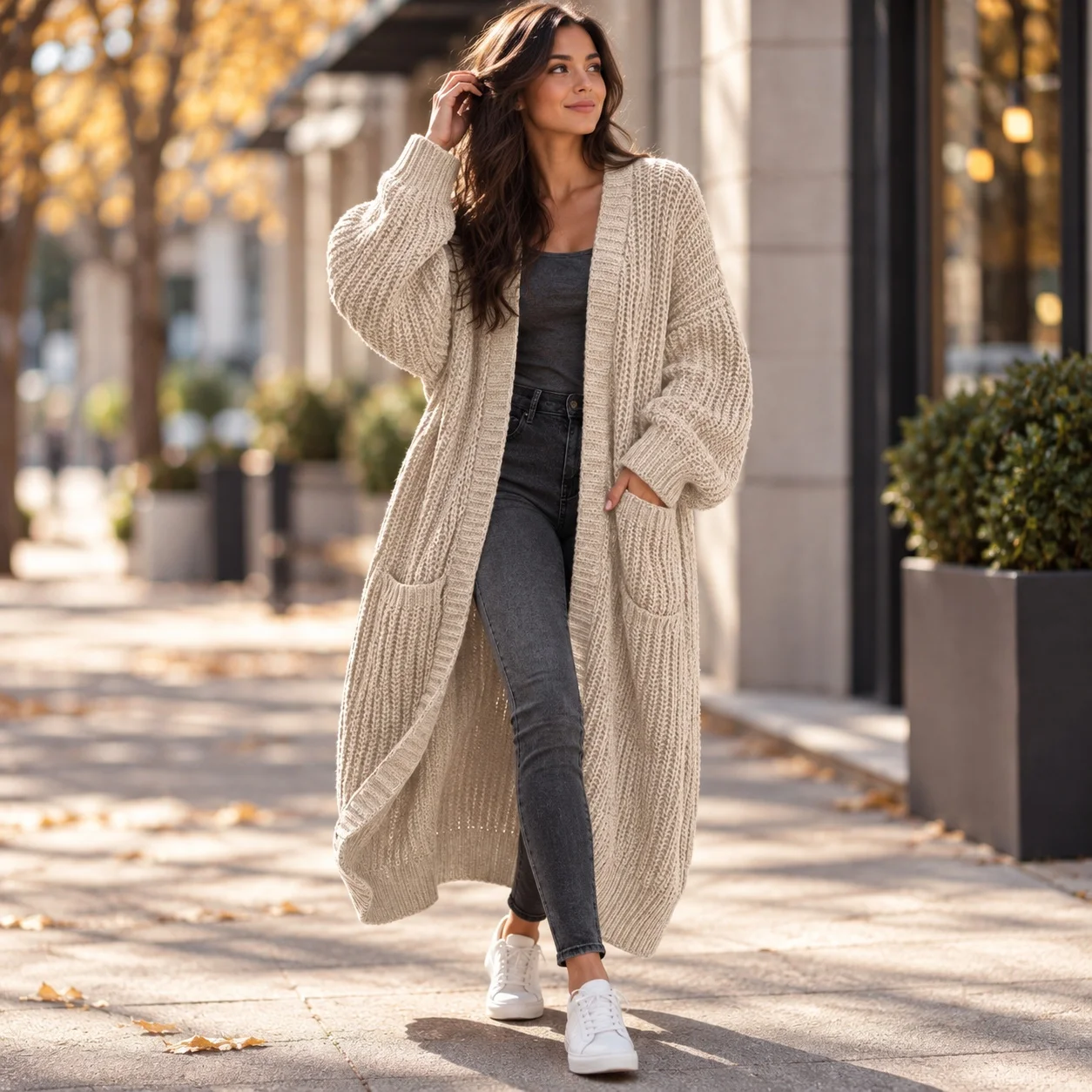Loose Fit Long Sleeve Coat Commuter Style with Cardigans Long Length Elegant Commuter V Neck Open Front Cardigan for Women