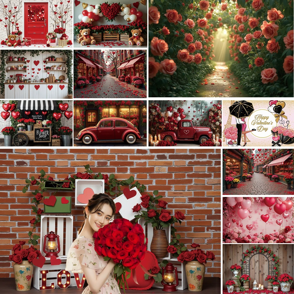 

MOON.QG Valentine's Day Red Rose Alley Photography Background Vintage Car Pathway Heart Garland Backdrop Wallpaper Photozone