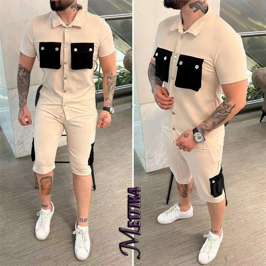 2024 Summer New Men\'s Short sleeved Polo Neck Shirt Shorts Casual Men\'s Two Piece Set