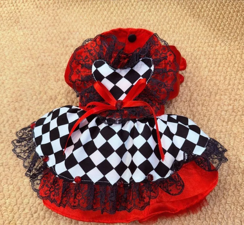 Red Queen Style Pet Fancy Dress Vintage Lace Trim Plaid Dress Cute Holiday Costume for Small Pets Halloween Photograph Soft