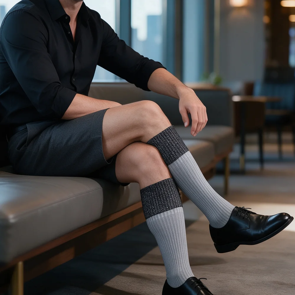 Calcetines de vestir hasta la rodilla para hombre, con canalé vertical, hasta la pantorrilla, formales de negocios, grises, con puño, para traje, boda