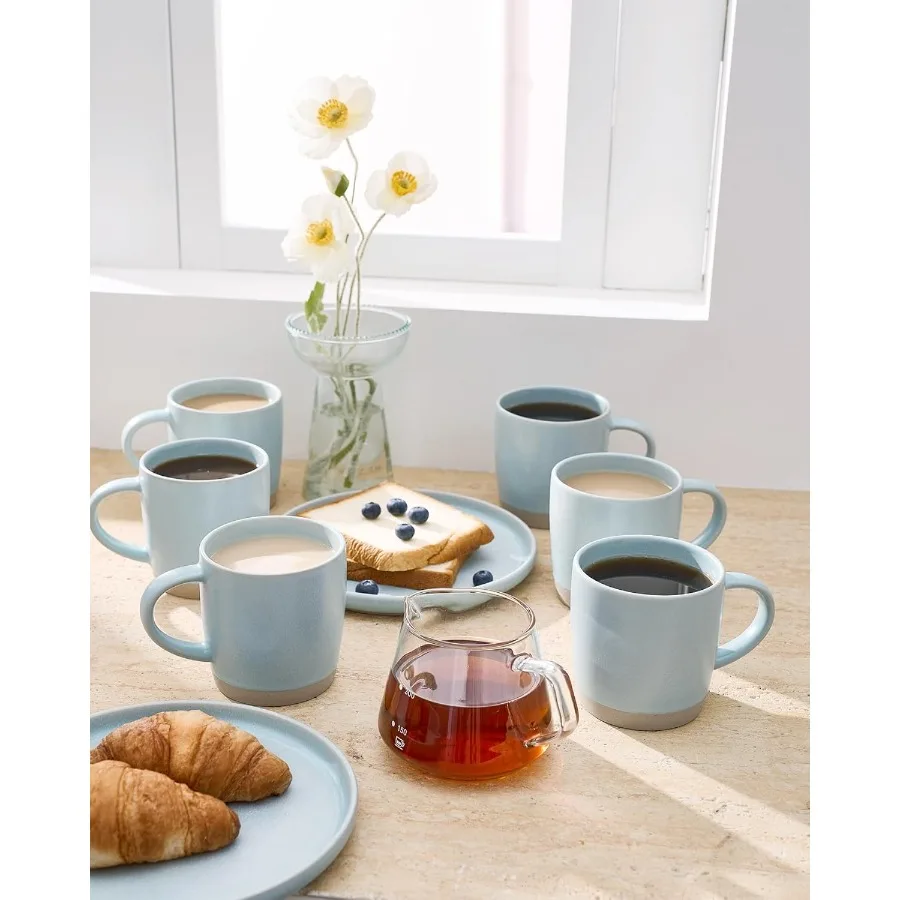 مجموعة من 6 أكواب قهوة من السيراميك باللون الأزرق الفاتح سعة 13 أونصة مع مقبض لشاي القهوة وحليب الكاكاو وتصميم درب التبانة مثالي للمشروبات الصباحية