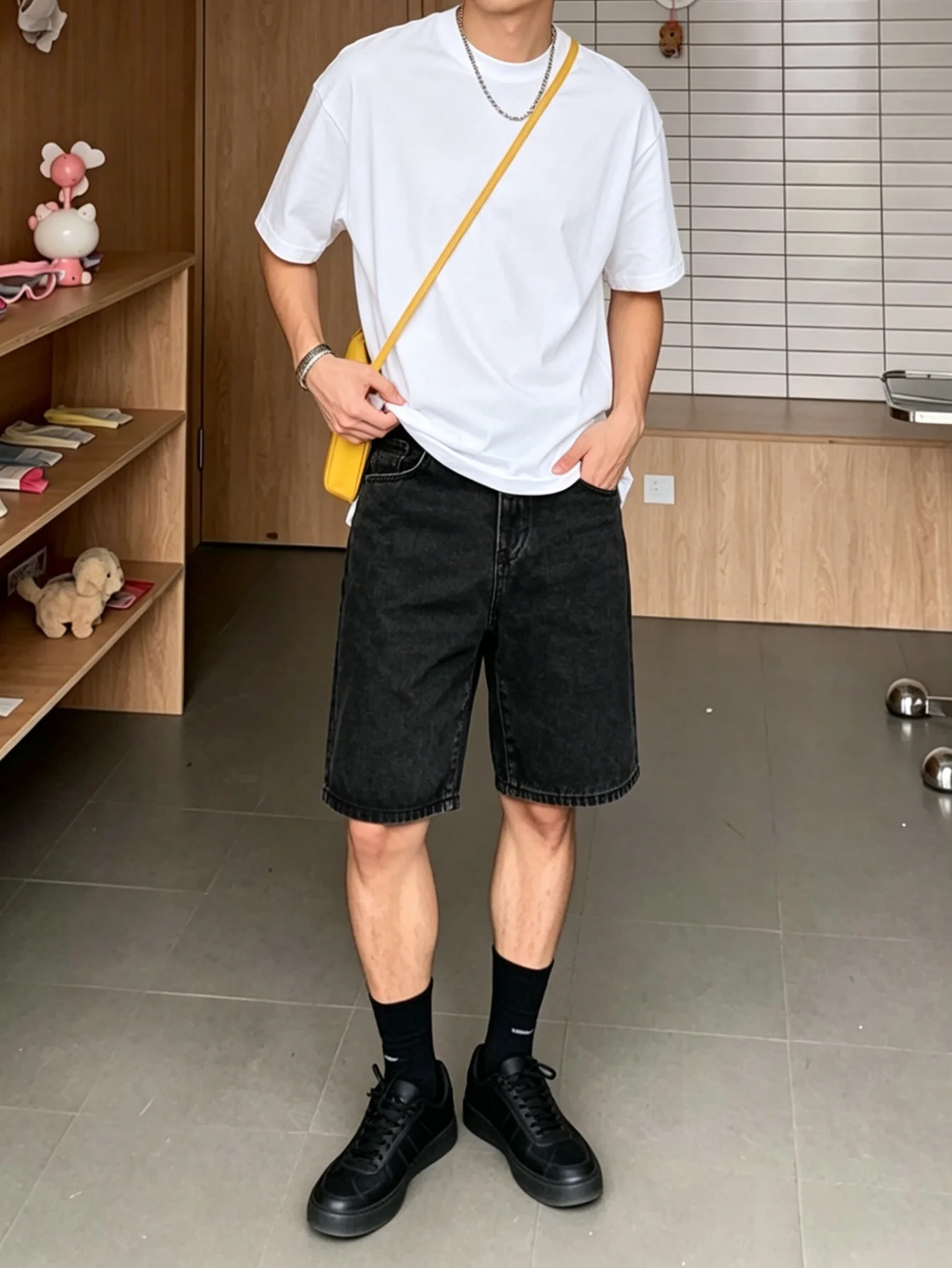 Men vintage black non stretch denim jorts loose casual streetwear solid color simple knee length leisure short bottoms