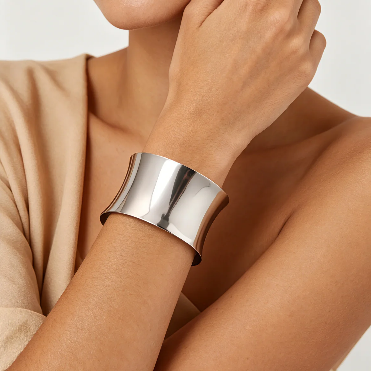 Polished Silver Color Wide Cuff Bangle Bracelet Stainless Steel Open Adjustable Fashion Jewelry for Women