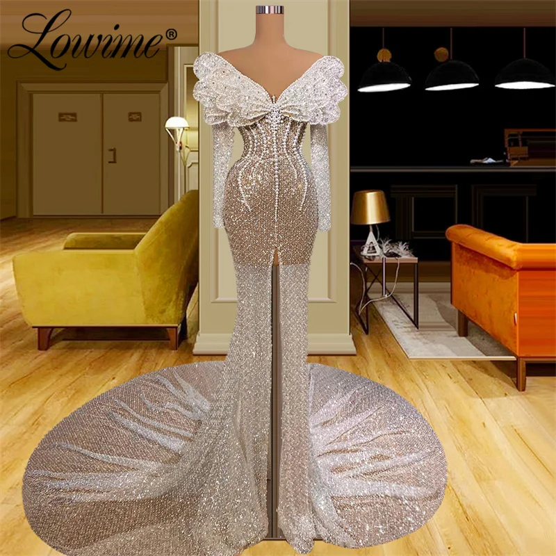 Lowime Luxury Arabic Party Dress Dubai Design Evening Dresses Long Sleeves Plus Size Customize Mermaid Beaded Pearls Prom Gowns