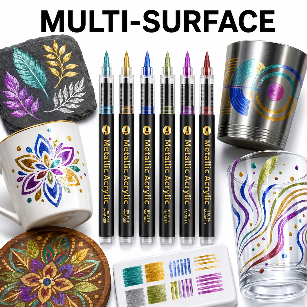 12/24/36/48 Colors Metallic Acrylic Brush Marker Set Water Based Paint Pens Rock Glass Ceramic Wood DIY Craft Painting Supplies