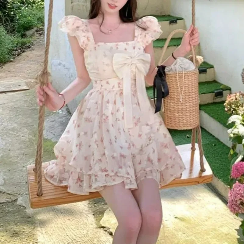 Women Summer Floral Print Ruffle Bow Sweet Sexy Fairy Mini Dress High Waist Sleeveless Slim Square Collar A Line Dresses Vestido