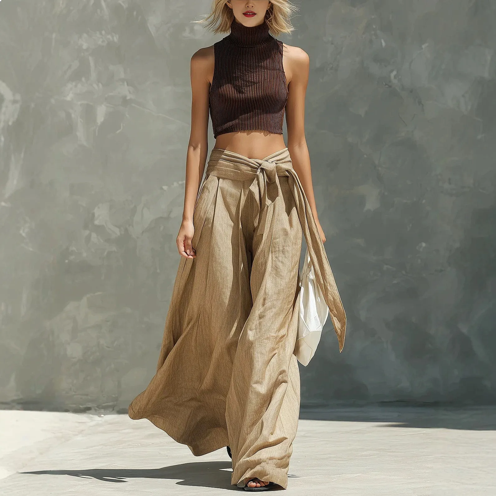 

Plain Color Knit Sleeveless High Neck Top Tie Casual Wide Leg Pants Matching Set Jumpsuit Playsuit