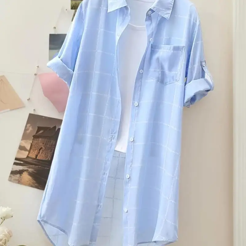 

Женская летняя одежда в синюю клетку с длинной веревкой, трансграничная новинка 2025 года, модная защита от солнца, ультратонкая ультра-короткая длина