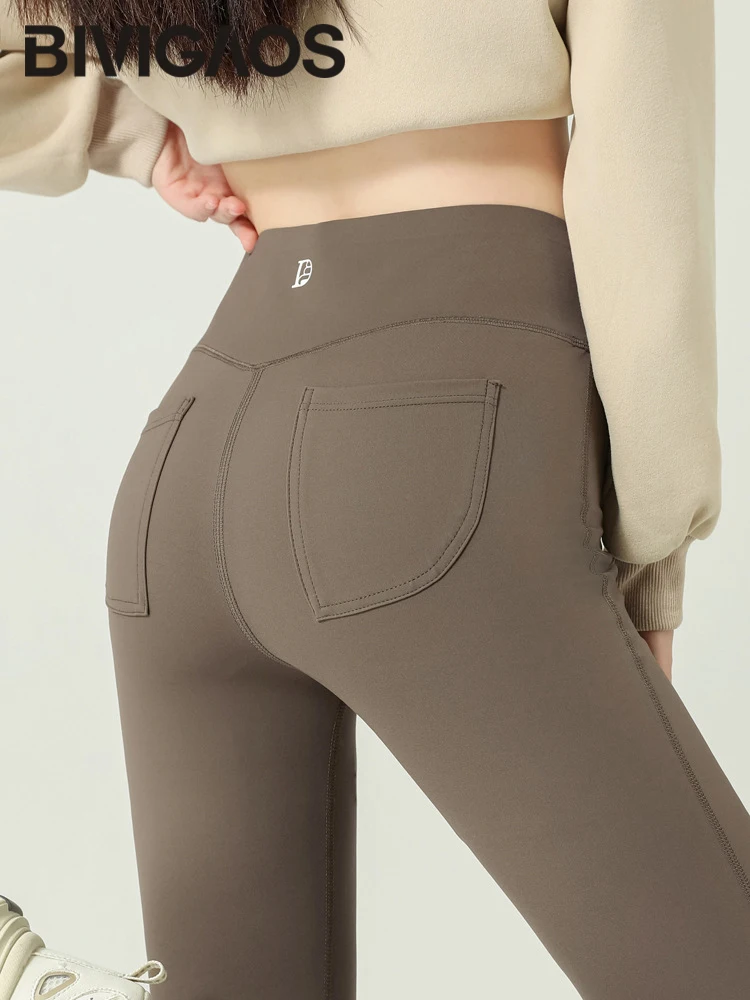 BIVIGAOS-Calças de pele de tubarão femininas, leggings de bolso traseiro, cintura alta, esportes, ioga, corrida, casual, novo, outono, 2022