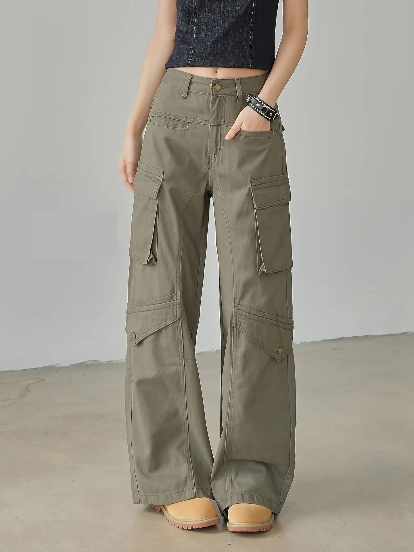 ZHISILAO Vintage Casual Cargo Pants Women Y2k Pocket Wide Leg Straight Trousers Autumn Winter 2025