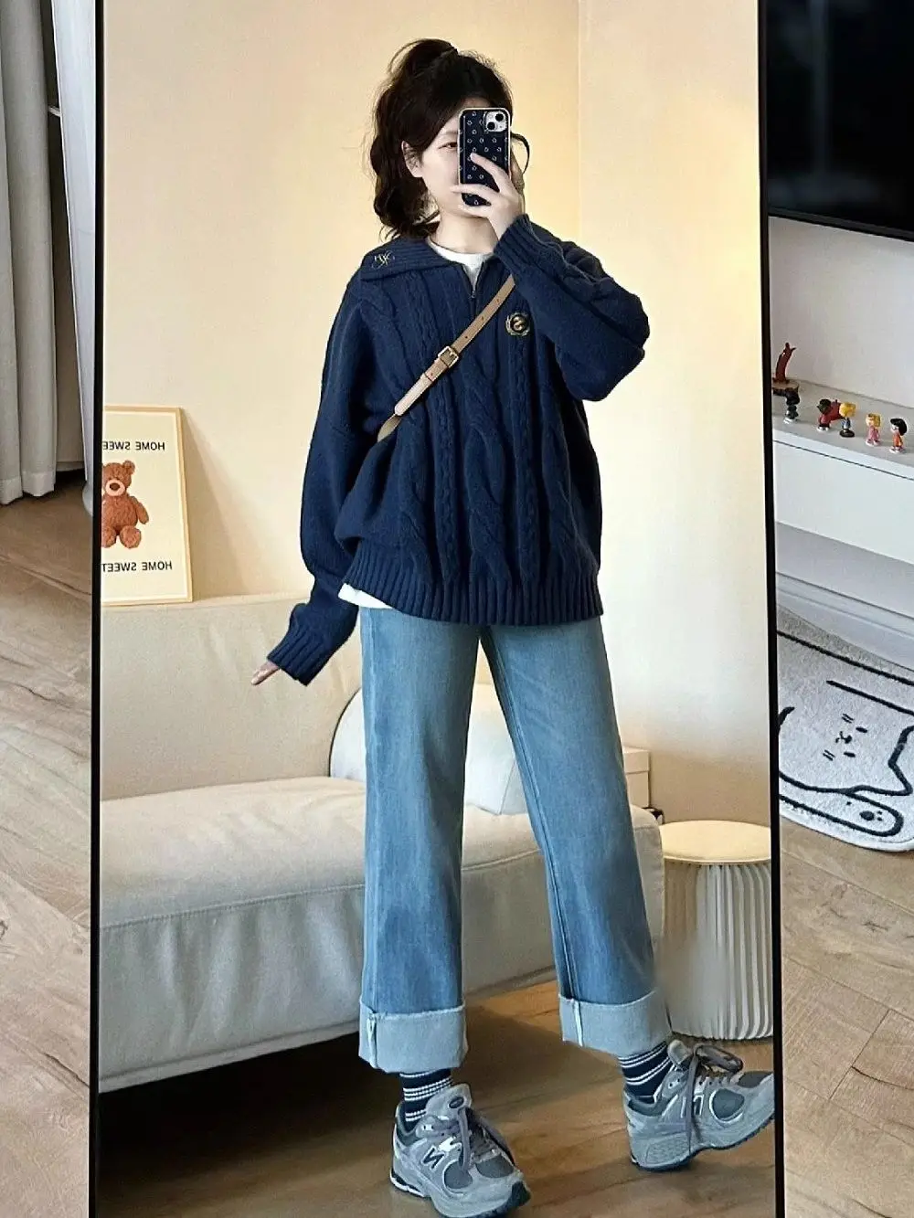 Autumn and Winter Korean Fashion Soft Sticky College Style Knitted Sweater Jeans Two Piece Set for Women