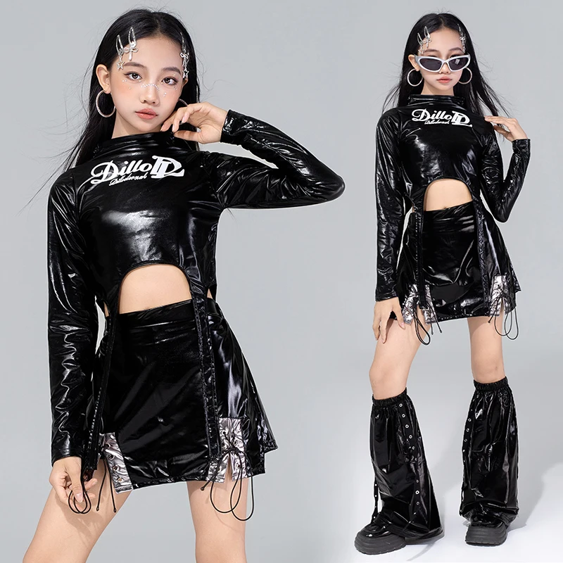 

2023 джазовый наряд для девочек Kpop, танцевальный костюм, детский черный танцевальный костюм для сценического шоу, модный топ, юбка, комплект уличной танцевальной одежды 4574