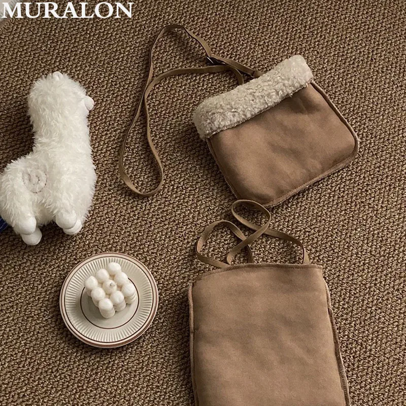 Korea Brown Cell Phone Small Square Bag Suede Lamb Fur Velvet Bag Women Fall Winter Plush Crossbody Mini Bag Lipstick Coin Purse