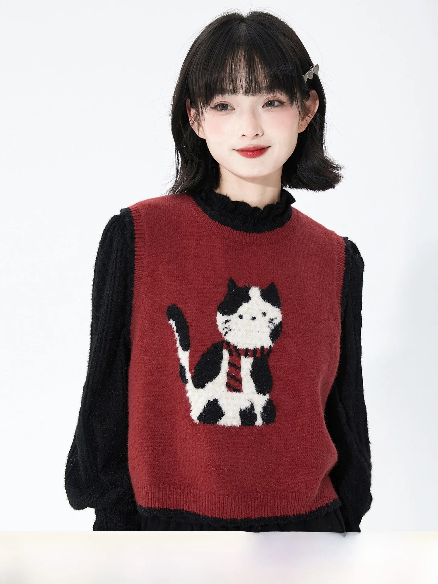 

Original Sweet Sle Knitted Fce Vest Women Outerwear Winter Faion Red Vest Casual Daily Wear Comfortable Breathable