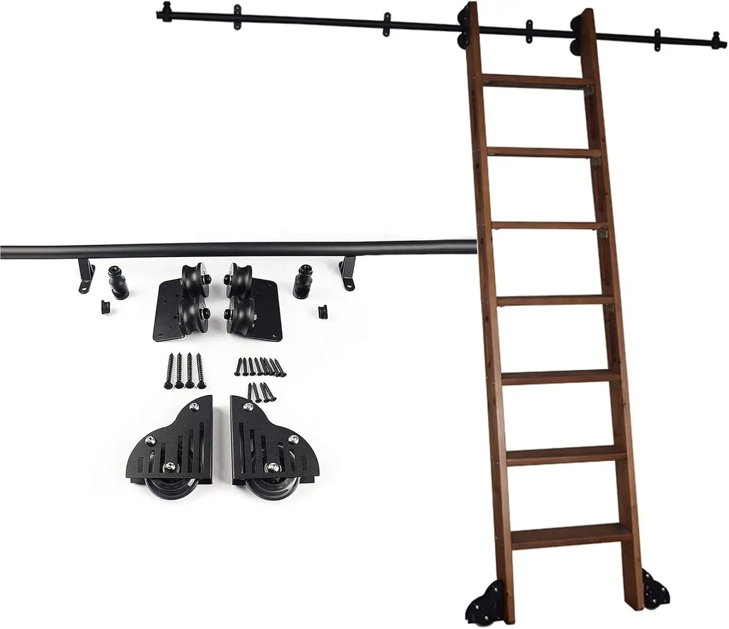 Round Tube Sliding Library Hardware Rolling Full Set Track Kit(No Ladder), With Floor Roller Wheels, Black Barn Door Hardware